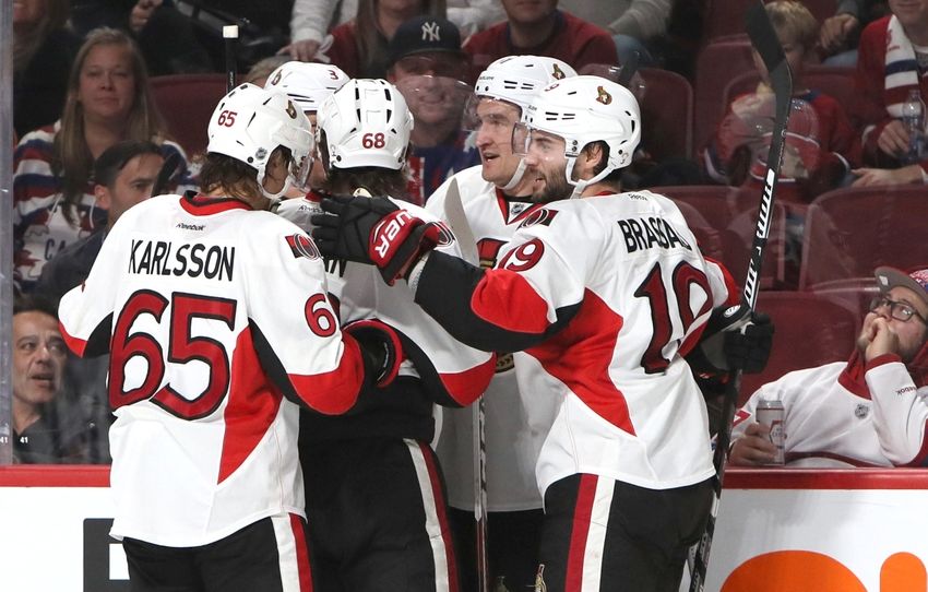 NHL Power Rankings: Ottawa Senators right wing Mark Stone (61) celebrates his goal against Montreal Canadiens with temmates during the third period at Bell Centre. Mandatory Credit: Jean-YvesAhern-USA TODAY Sports