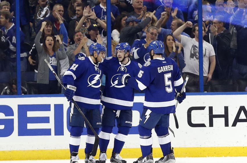 Nov 23, 2016; Tampa, FL, USA; Tampa Bay Lightning defenseman Nikita Nesterov (89) is congratulated by center Valtteri Filppula (51) and defenseman Jason Garrison (5) after he scored a goal against the Philadelphia Flyers during the third period at Amalie Arena. Tampa Bay Lightning defeated the Philadelphia Flyers 4-2. Mandatory Credit: Kim Klement-USA TODAY Sports