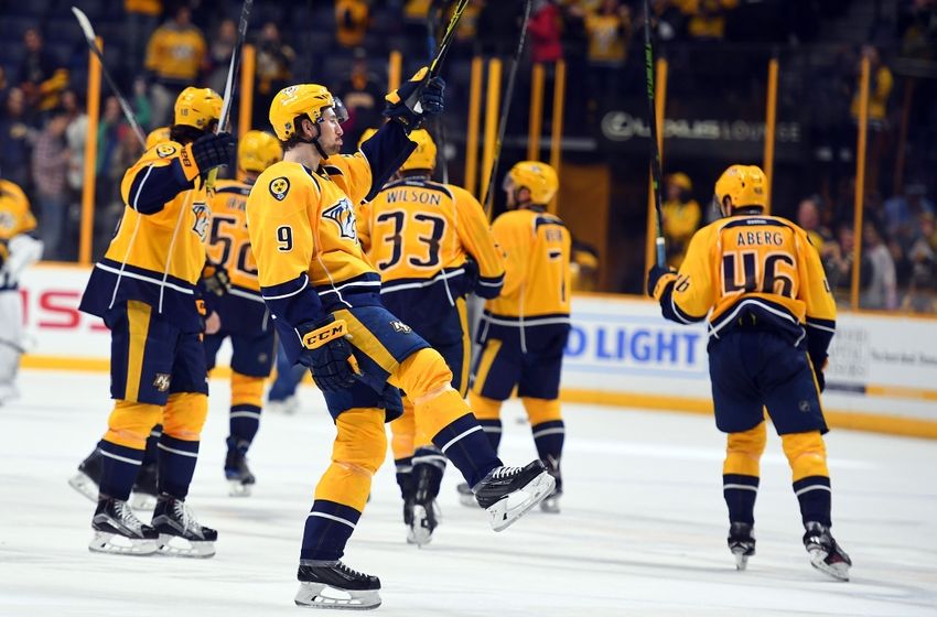 NHL Power Rankings: Nashville Predators left wing Filip Forsberg (9) celebrates after a win against the Dallas Stars at Bridgestone Arena. The Predators won 5-2. Mandatory Credit: Christopher Hanewinckel-USA TODAY Sports