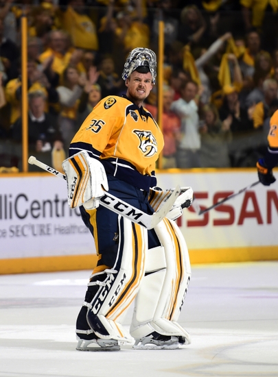 Apr 25, 2016; Nashville, TN, USA; Nashville Predators goalie Pekka Rinne (35) celebrates after a win against the Anaheim Ducks in game six of the first round of the 2016 Stanley Cup Playoffs at Bridgestone Arena. The Predators won 3-1. Mandatory Credit: Christopher Hanewinckel-USA TODAY Sports