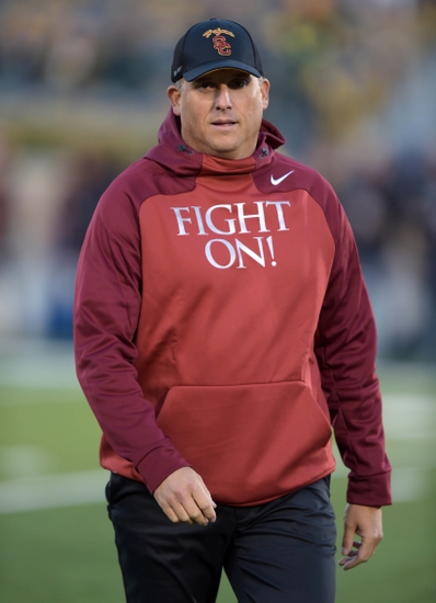 Oct 17, 2015; South Bend, IN, USA; Southern California Trojans interim coach Clay Helton before a NCAA football game against the Notre Dame Fighting Irish at Notre Dame Stadium. Mandatory Credit: Kirby Lee-USA TODAY Sports