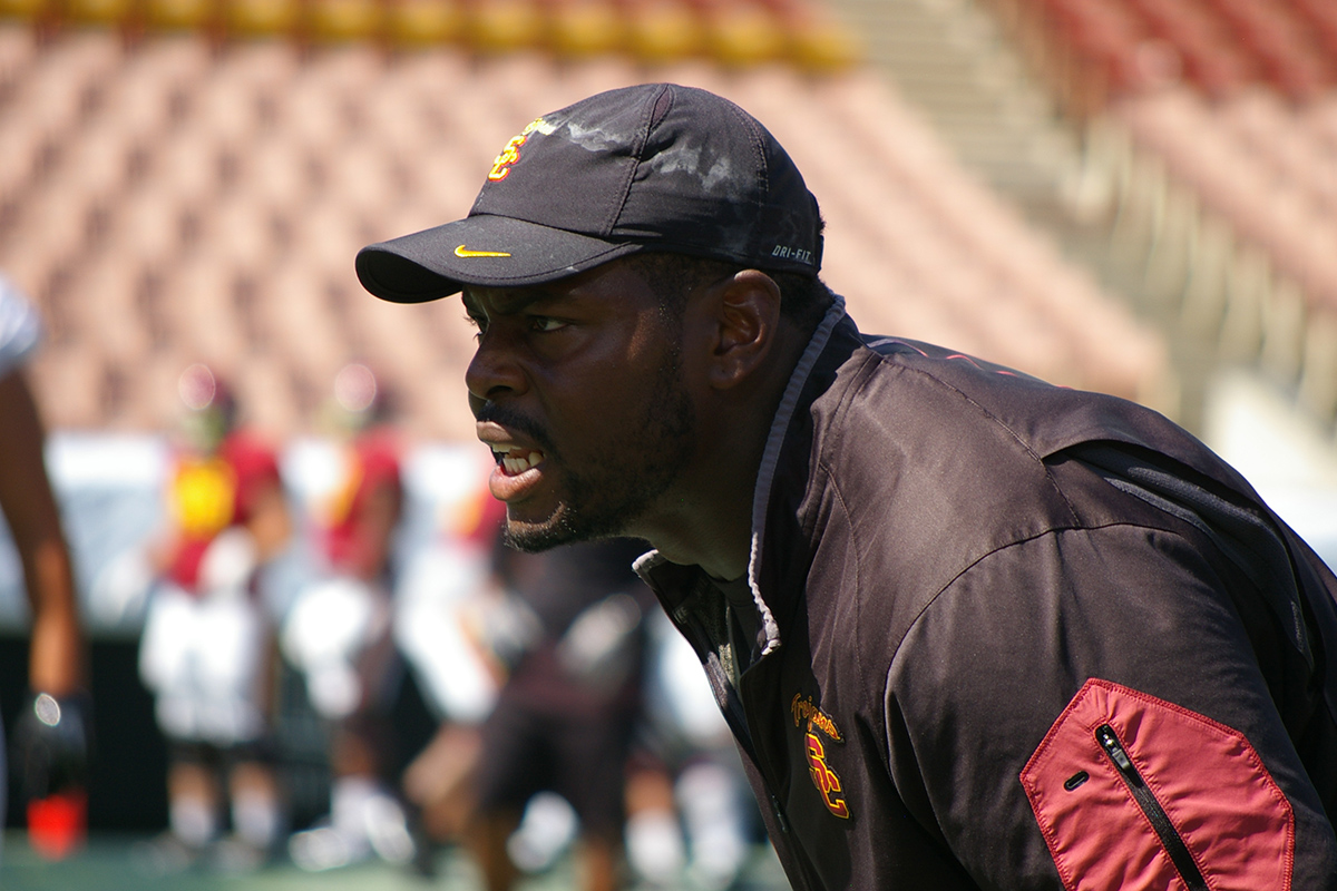USC football players practice at Howard Jones Field with defensive line coach Kenechi Udeze.
