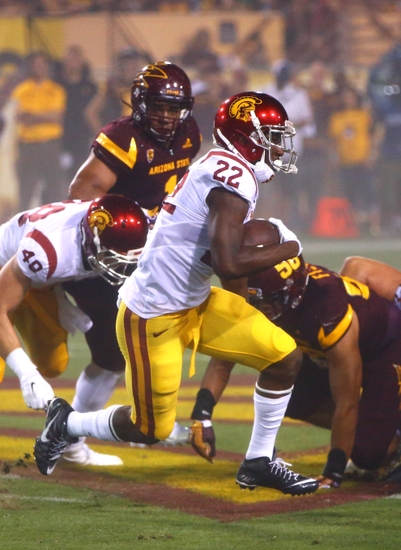 Sep 26, 2015; Tempe, AZ, USA; Southern California Trojans running back Justin Davis (22) against the Arizona State Sun Devils at Sun Devil Stadium. Mandatory Credit: Mark J. Rebilas-USA TODAY Sports