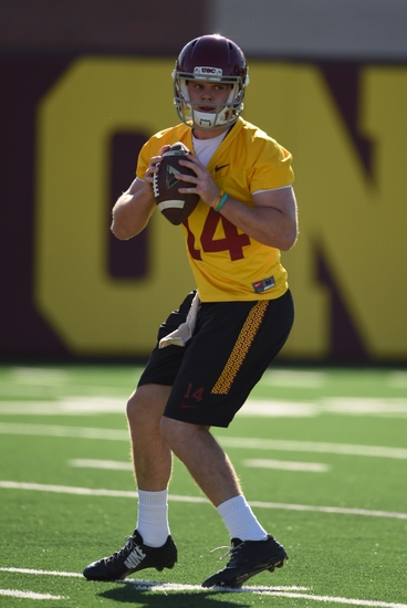 Mar 8, 2016; Los Angeles, CA, USA; Southern California Trojans quarterback Sam Darnold (14) throws a pass during spring practice at Howard Jones Field. Mandatory Credit: Kirby Lee-USA TODAY Sports