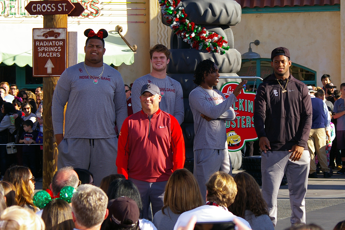 USC football players at Disneyland's California Adventure during Rose Bowl week. (Alicia de Artola/Reign of Troy)