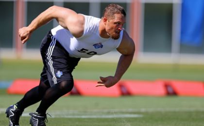 Mar 22, 2015; Tempe, AZ, USA; Defensive end Adam Carriker participates in drills during the NFL Veteran Combine at the Arizona Cardinals training facility. Mandatory Credit: Mark J. Rebilas-USA TODAY Sports