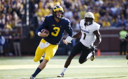 Sep 17, 2016; Ann Arbor, MI, USA; Michigan Wolverines quarterback Wilton Speight (3) runs the ball in the second quarter against the Colorado Buffaloes at Michigan Stadium. Mandatory Credit: Rick Osentoski-USA TODAY Sports