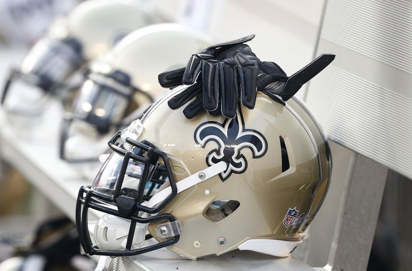 Aug 13, 2015; Baltimore, MD, USA; A New Orleans Saints helmet rests on the bench prior to the Saints