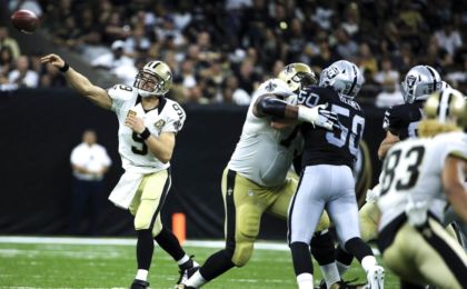 Sep 11, 2016; New Orleans, LA, USA; New Orleans Saints quarterback Drew Brees (9) throws a pass against the Oakland Raiders during the second quarter of a game at the Mercedes-Benz Superdome. Mandatory Credit: Derick E. Hingle-USA TODAY Sports