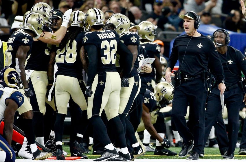 Nov 27, 2016; New Orleans, LA, USA; New Orleans Saints defensive coordinator Dennis Allen (right) celebrates with his team following a defensive stop against the Los Angeles Rams during the first half of a game at the Mercedes-Benz Superdome. Mandatory Credit: Derick E. Hingle-USA TODAY Sports