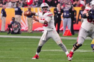 Jan 1, 2016; Glendale, AZ, USA; Ohio State Buckeyes quarterback J.T. Barrett (16) looks to throw during the second half against the Notre Dame Fighting Irish in the 2016 Fiesta Bowl at University of Phoenix Stadium. Mandatory Credit: Matt Kartozian-USA TODAY Sports
