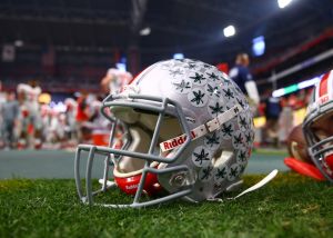 Jan 1, 2016; Glendale, AZ, USA; Detailed view of an Ohio State Buckeyes helmet against the Notre Dame Fighting Irish during the 2016 Fiesta Bowl at University of Phoenix Stadium. Mandatory Credit: Mark J. Rebilas-USA TODAY Sports