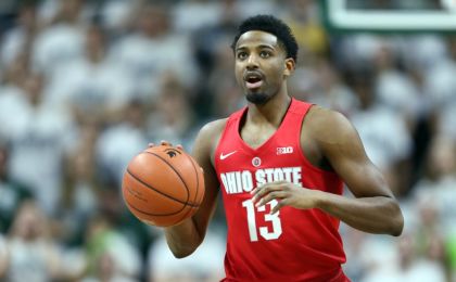 Mar 5, 2016; East Lansing, MI, USA; Ohio State Buckeyes guard JaQuan Lyle (13) dribbles the ball during the first half against the Michigan State Spartans at Jack Breslin Student Events Center. Mandatory Credit: Mike Carter-USA TODAY Sports