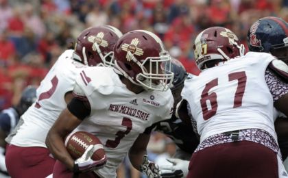 Oct 10, 2015; Oxford, MS, USA; New Mexico State Aggies running back Larry Rose III (3) carries the ball against the Mississippi Rebels during the game at Vaught-Hemingway Stadium. Mississippi Rebels beats New Mexico State Aggies 52-3. Mandatory Credit: Justin Ford-USA TODAY Sports