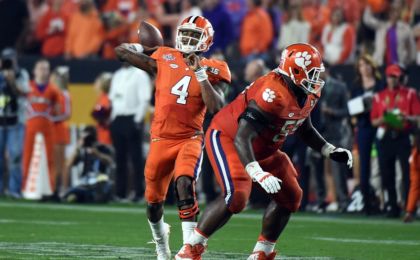 Jan 11, 2016; Glendale, AZ, USA; Clemson Tigers quarterback Deshaun Watson (4) throws a pass during the fourth quarter against the Alabama Crimson Tide in the 2016 CFP National Championship at University of Phoenix Stadium. Mandatory Credit: Kirby Lee-USA TODAY Sports