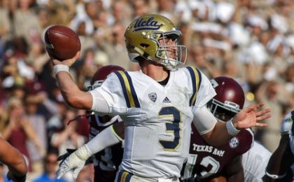 Sep 3, 2016; College Station, TX, USA; UCLA Bruins quarterback Josh Rosen (3) passes during a game against the Texas A&M Aggies at Kyle Field. Texas A&M won in overtime 31-24. Mandatory Credit: Ray Carlin-USA TODAY Sports