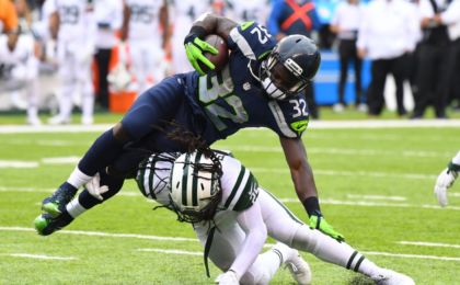 Oct 2, 2016; East Rutherford, NJ, USA; Seattle Seahawks running back Christine Michael (32) is tackled by by New York Jets strong safety Calvin Pryor (25) at MetLife Stadium. Mandatory Credit: Robert Deutsch-USA TODAY Sports