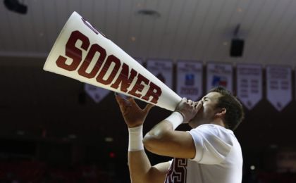 Feb 9, 2015; Norman, OK, USA; An Oklahoma Sooners cheerleader performs during a timeout against Iowa State Cyclones during the second half at Lloyd Noble Center. Oklahoma won 94-83. Mandatory Credit: Alonzo Adams-USA TODAY Sports