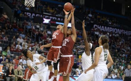 Mar 6, 2016; Oklahoma City, OK, USA; Oklahoma Sooners guard Gioya Carter (25) and Oklahoma Sooners forward Kaylon Williams (42) reach for a rebound in front of Baylor Bears guard Niya Johnson (2) and Baylor Bears guard Alexis Prince (12) in fourth quarter during the women