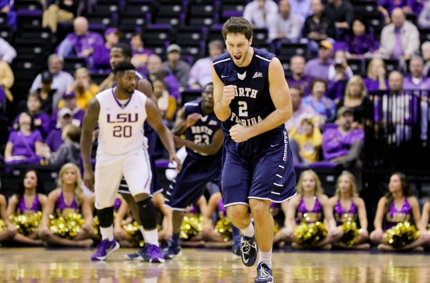 Dec 2, 2015; Baton Rouge, LA, USA; North Florida Ospreys guard Beau Beech (2) celebrates after a basket against the LSU Tigers during the first half of a game at the Pete Maravich Assembly Center. Mandatory Credit: Derick E. Hingle-USA TODAY Sports