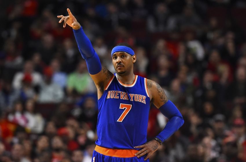 Mar 23, 2016; Chicago, IL, USA; New York Knicks forward Carmelo Anthony (7) reacts after a basket against the Chicago Bulls during the second half at the United Center. Mandatory Credit: Mike DiNovo-USA TODAY Sports