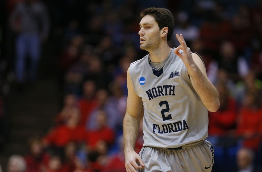 Mar 18, 2015; Dayton, OH, USA; North Florida Ospreys guard/forward Beau Beech (2) reacts after a shot during the second half against the Robert Morris Colonials in the first round of the 2015 NCAA Tournament at UD Arena. Mandatory Credit: Rick Osentoski-USA TODAY Sports