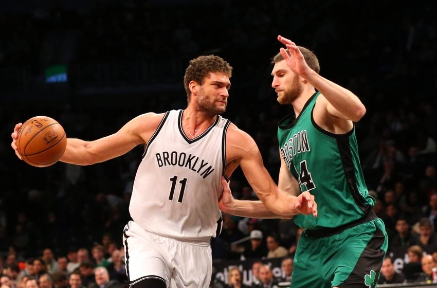 Jan 4, 2016; Brooklyn, NY, USA; Brooklyn Nets center Brook Lopez (11) drives against Boston Celtics center Tyler Zeller (44) during the first quarter at Barclays Center. Mandatory Credit: Anthony Gruppuso-USA TODAY Sports