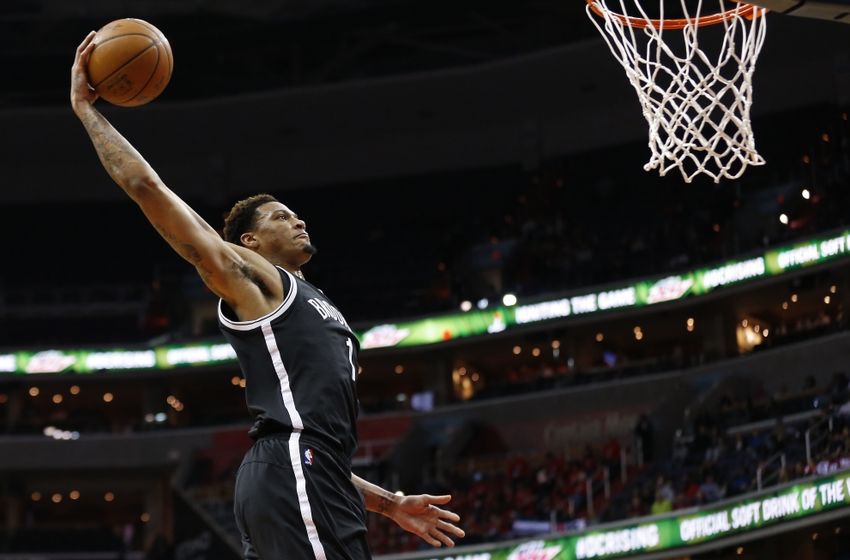 Apr 6, 2016; Washington, DC, USA; Brooklyn Nets forward Chris McCullough (1) dunks the ball against the Washington Wizards in the third quarter at Verizon Center. The Wizards won 121-103. Mandatory Credit: Geoff Burke-USA TODAY Sports