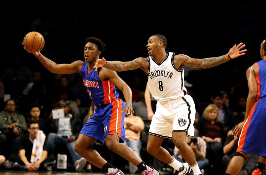 Oct 6, 2016; Brooklyn, NY, USA; Detroit Pistons forward Stanley Johnson (7) plays the ball against Brooklyn Nets guard sean Kilpatrick (6) during the second half at Barclays Center. The Nets won 101-94. Mandatory Credit: Andy Marlin-USA TODAY Sports