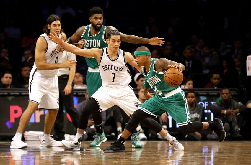 Oct 13, 2016; Brooklyn, NY, USA; Brooklyn Nets guard Jeremy Lin (7) defends against Boston Celtics guard Isaiah Thomas (4) as he plays the ball during a preseason game during the first half at Barclays Center. Mandatory Credit: Andy Marlin-USA TODAY Sports