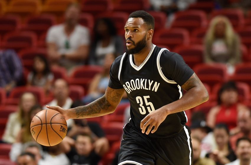 Oct 11, 2016; Miami, FL, USA; Brooklyn Nets forward Trevor Booker (35) dribbles the ball during the first half against the Miami Heat at American Airlines Arena. Mandatory Credit: Steve Mitchell-USA TODAY Sports