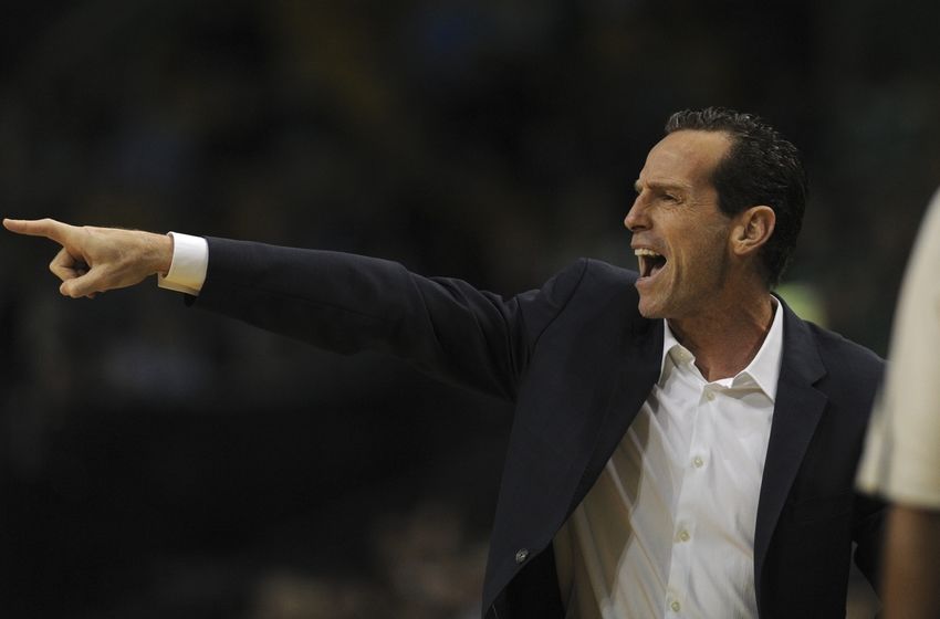Oct 17, 2016; Boston, MA, USA; Brooklyn Nets head coach Kenny Atkinson directs his team on the court during the first half against the Boston Celtics at TD Garden. Mandatory Credit: Bob DeChiara-USA TODAY Sports