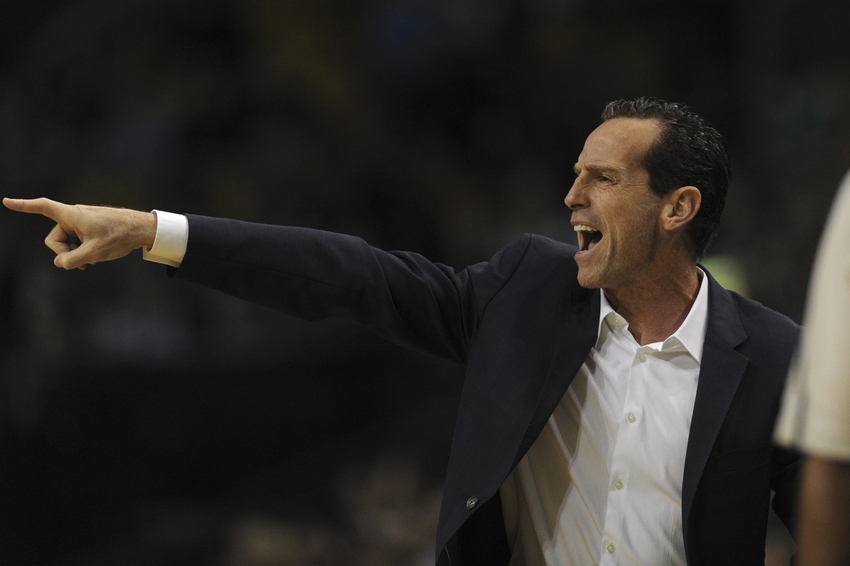 Oct 17, 2016; Boston, MA, USA; Brooklyn Nets head coach Kenny Atkinson directs his team on the court during the first half against the Boston Celtics at TD Garden. Mandatory Credit: Bob DeChiara-USA TODAY Sports