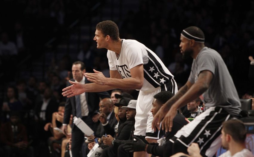 Nov 4, 2016; Brooklyn, NY, USA; Brooklyn Nets center Brook Lopez (11) reacts in the fourth quarter against Charlotte Hornets at Barclays Center. Hornets win 99-95. Mandatory Credit: Nicole Sweet-USA TODAY Sports