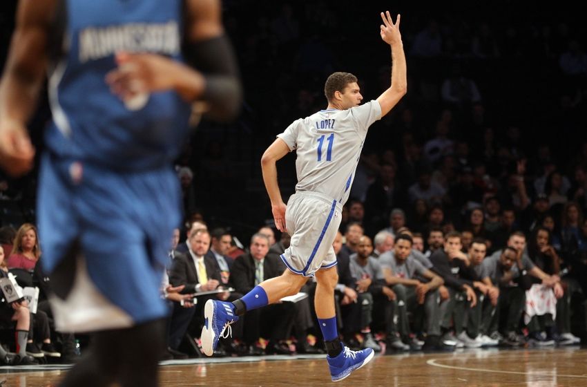 Nov 8, 2016; Brooklyn, NY, USA; Brooklyn Nets center Brook Lopez (11) reacts after hitting a three point shot against the Minnesota Timberwolves during the first quarter at Barclays Center. Mandatory Credit: Brad Penner-USA TODAY Sports