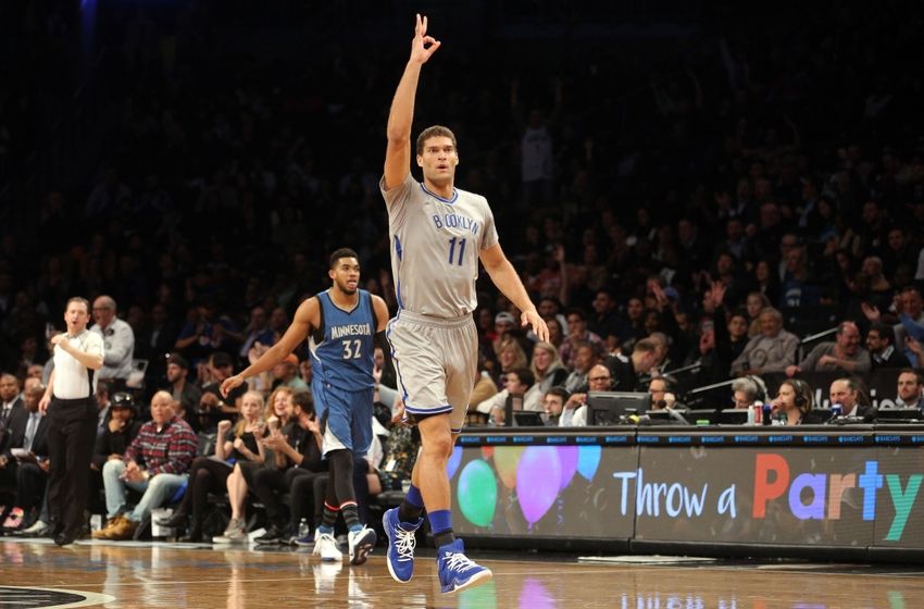 Nov 8, 2016; Brooklyn, NY, USA; Brooklyn Nets center Brook Lopez (11) reacts after scoring against the Minnesota Timberwolves during the second quarter at Barclays Center. Mandatory Credit: Brad Penner-USA TODAY Sports