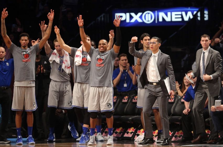 Nov 8, 2016; Brooklyn, NY, USA; Members of the Brooklyn Nets including Brooklyn Nets point guard Jeremy Lin (second from right) react during the fourth quarter against the Minnesota Timberwolves at Barclays Center. Mandatory Credit: Brad Penner-USA TODAY Sports
