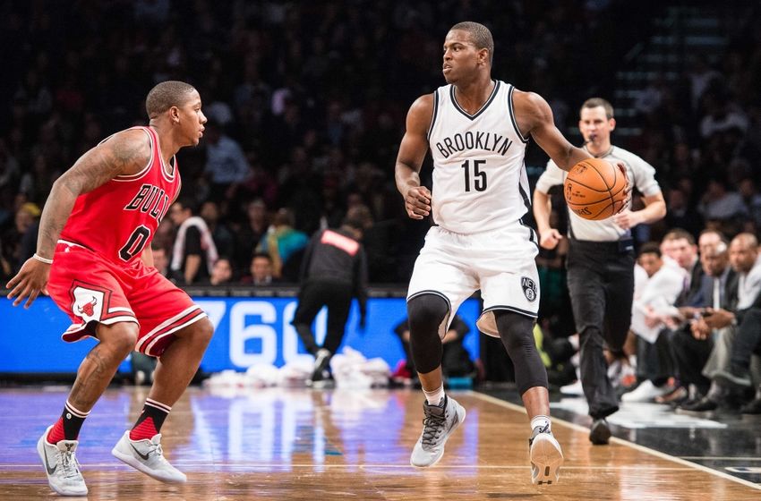 Oct 31, 2016; Brooklyn, NY, USA; Brooklyn Nets guard Isaiah Whitehead (15) brings the ball up the court and is defended by Chicago Bulls guard Isaiah Canaan (0) during the game at Barclays Center. The Bulls won 118-88 Mandatory Credit: Dennis Schneidler-USA TODAY Sports