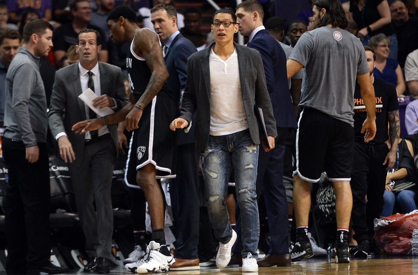 Nov 12, 2016; Phoenix, AZ, USA; Brooklyn Nets guard Jeremy Lin (center) reacts against the Phoenix Suns during the first half at Talking Stick Resort Arena. Mandatory Credit: Joe Camporeale-USA TODAY Sports