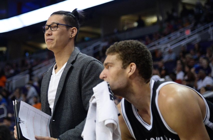 Nov 12, 2016; Phoenix, AZ, USA; Brooklyn Nets guard Jeremy Lin (left) looks on next to Brooklyn Nets center Brook Lopez (right) during the second half against the Phoenix Suns at Talking Stick Resort Arena. The Nets won 122-104. Mandatory Credit: Joe Camporeale-USA TODAY Sports