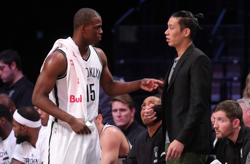 Nov 23, 2016; Brooklyn, NY, USA; Brooklyn Nets point guard Isaiah Whitehead (15) talks to point guard Jeremy Lin (7) during the first quarter against the Boston Celtics at Barclays Center. Mandatory Credit: Brad Penner-USA TODAY Sports