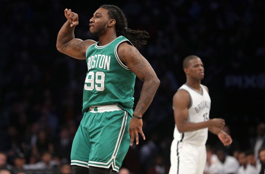 Nov 23, 2016; Brooklyn, NY, USA; Boston Celtics small forward Jae Crowder (99) reacts after hitting a three point shot against the Brooklyn Nets during the fourth quarter at Barclays Center. Mandatory Credit: Brad Penner-USA TODAY Sports