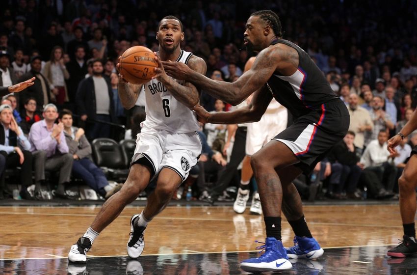 Nov 29, 2016; Brooklyn, NY, USA; Brooklyn Nets shooting guard Sean Kilpatrick (6) drives against Los Angeles Clippers center DeAndre Jordan (6) during the second overtime at Barclays Center. Mandatory Credit: Brad Penner-USA TODAY Sports