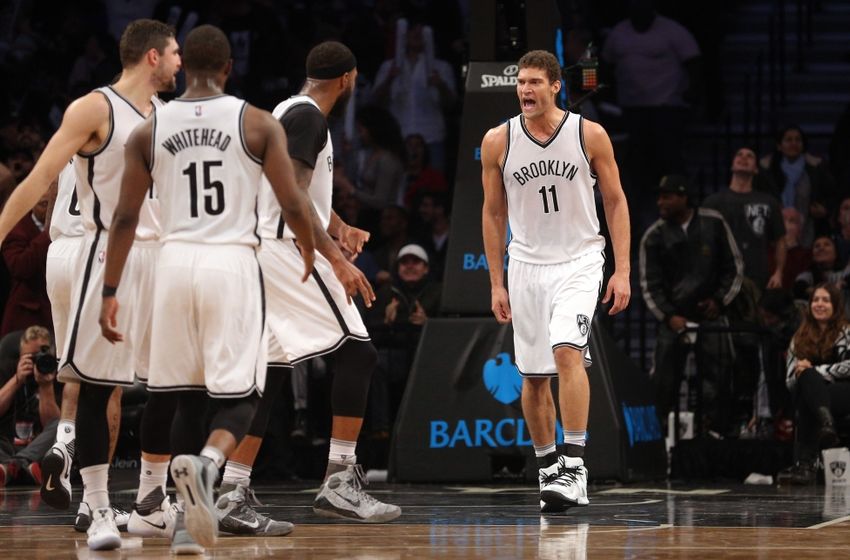 Nov 29, 2016; Brooklyn, NY, USA; Brooklyn Nets center Brook Lopez (11) reacts with teammates during the fourth quarter against the Los Angeles Clippers at Barclays Center. Mandatory Credit: Brad Penner-USA TODAY Sports
