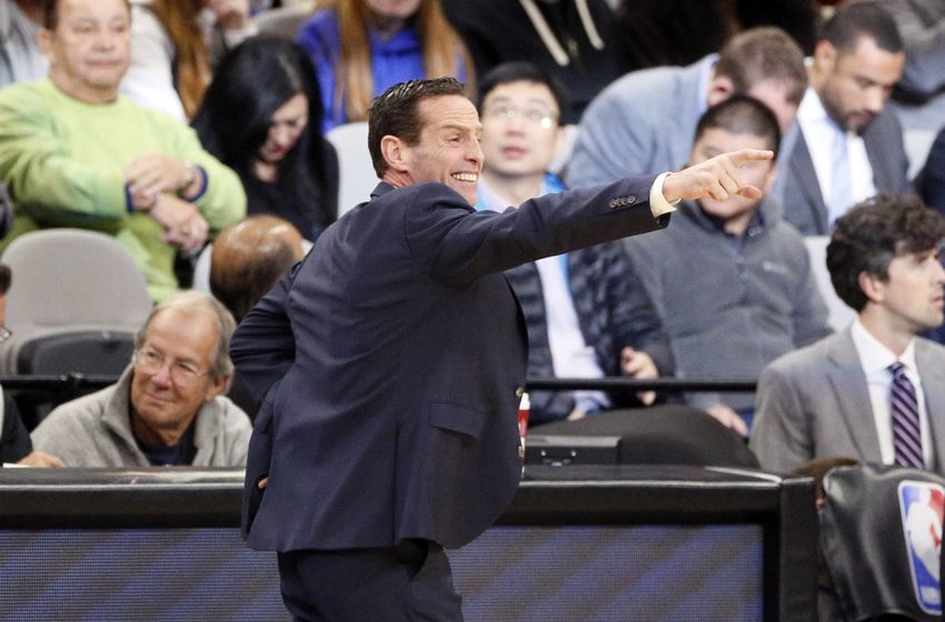 Dec 10, 2016; San Antonio, TX, USA; Brooklyn Nets head coach Kenny Atkinson gives direction to his team against the San Antonio Spurs during the first half at AT&T Center. Mandatory Credit: Soobum Im-USA TODAY Sports