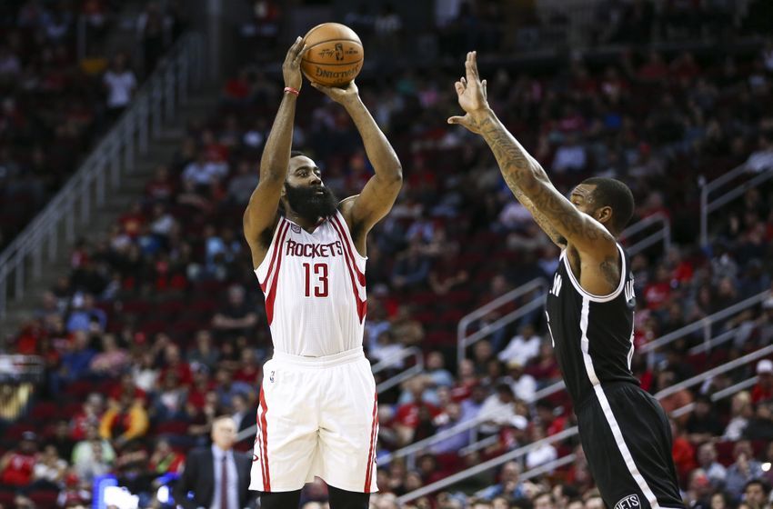 Dec 12, 2016; Houston, TX, USA; Houston Rockets guard James Harden (13) shoot the ball over Brooklyn Nets guard Sean Kilpatrick (6) during the second quarter at Toyota Center. Mandatory Credit: Troy Taormina-USA TODAY Sports