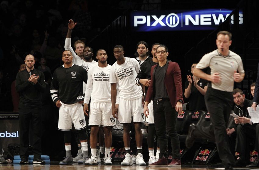 Jan 8, 2017; Brooklyn, NY, USA; Brooklyn Nets guard Jeremy Lin (7) reacts with the team during the third quarter against Philadelphia 76ers at Barclays Center. Sixers win 105-95. Mandatory Credit: Nicole Sweet-USA TODAY Sports
