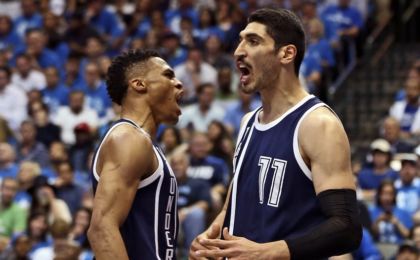 Apr 23, 2016; Dallas, TX, USA; Oklahoma City Thunder guard Russell Westbrook (left) and center Enes Kanter (right) react during the fourth quarter against the Dallas Mavericks in game four of the first round of the NBA Playoffs at American Airlines Center. Mandatory Credit: Kevin Jairaj-USA TODAY Sports