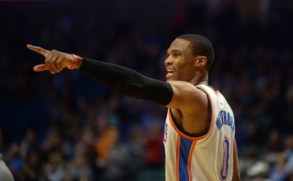 Oct 13, 2016; Tulsa, OK, USA; Oklahoma City Thunder guard Russell Westbrook (0) points into the stand in game against the Memphis Grizzlies during the first quarter at BOK Center. Mandatory Credit: Mark D. Smith-USA TODAY Sports