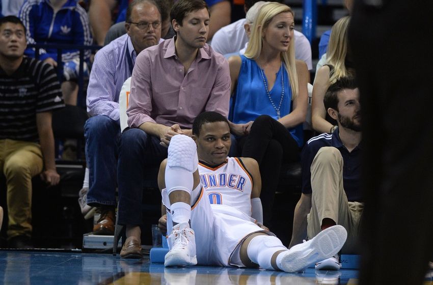 Nov 5, 2016; Oklahoma City, OK, USA; Oklahoma City Thunder guard Russell Westbrook (0) watches his team play against the Minnesota Timberwolves during the fourth quarter at Chesapeake Energy Arena. Mandatory Credit: Mark D. Smith-USA TODAY Sports
